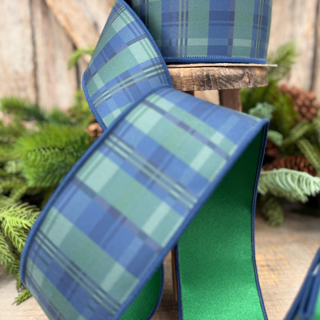 2.5" Blue Green Christmas Plaid Ribbon, Black Watch Plaid Ribbon, Navy Blue Plaid