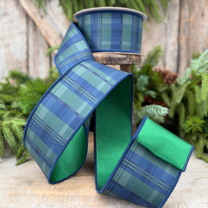 2.5" Blue Green Christmas Plaid Ribbon, Black Watch Plaid Ribbon, Navy Blue Plaid