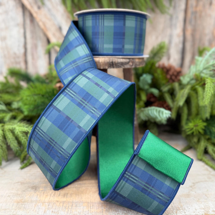 2.5" Blue Green Christmas Plaid Ribbon, Black Watch Plaid Ribbon, Navy Blue Plaid