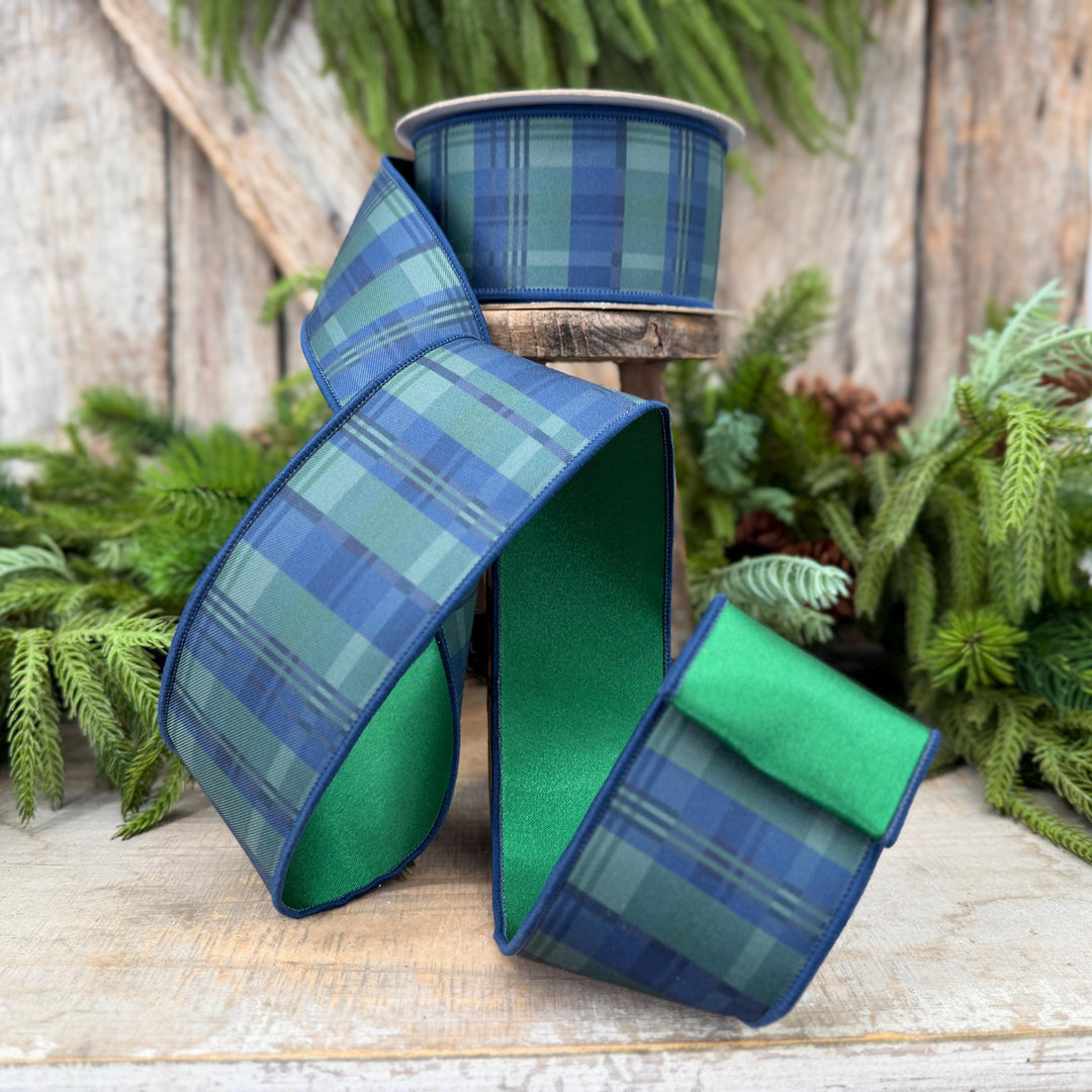 2.5" Blue Green Christmas Plaid Ribbon, Black Watch Plaid Ribbon, Navy Blue Plaid