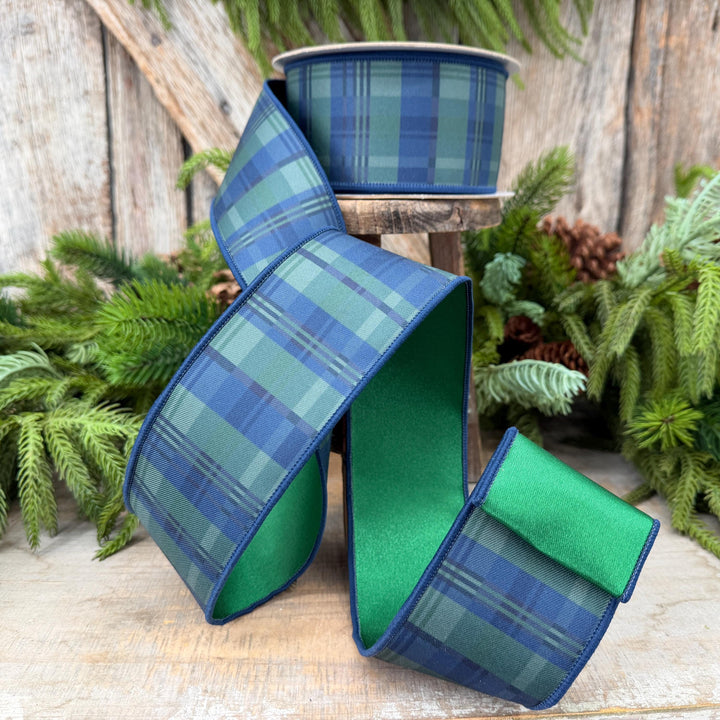 2.5" Blue Green Christmas Plaid Ribbon, Black Watch Plaid Ribbon, Navy Blue Plaid