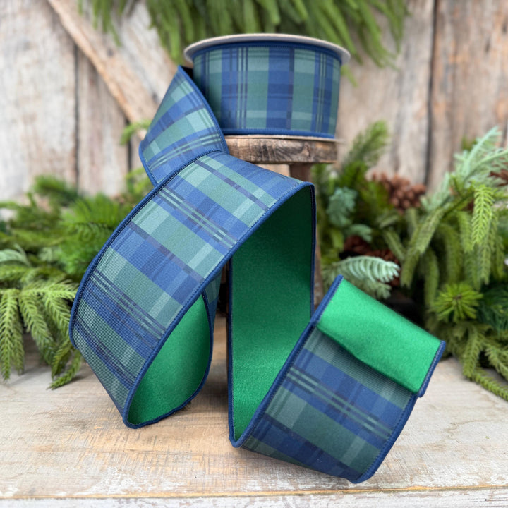 2.5" Blue Green Christmas Plaid Ribbon, Black Watch Plaid Ribbon, Navy Blue Plaid