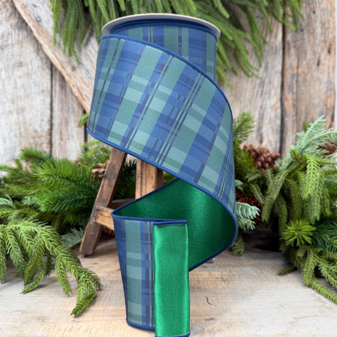 4" Blue Green Christmas Plaid Ribbon, Black Watch Plaid Ribbon, Navy Blue Plaid