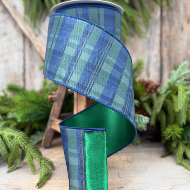 4" Blue Green Christmas Plaid Ribbon, Black Watch Plaid Ribbon, Navy Blue Plaid