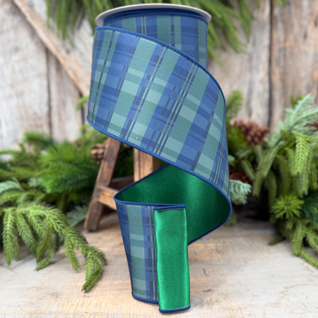 4" Blue Green Christmas Plaid Ribbon, Black Watch Plaid Ribbon, Navy Blue Plaid