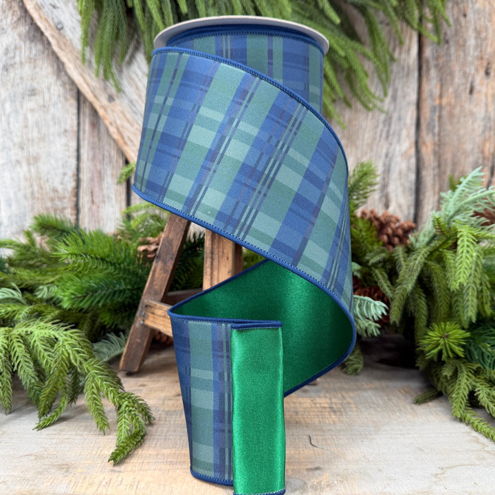 4" Blue Green Christmas Plaid Ribbon, Black Watch Plaid Ribbon, Navy Blue Plaid
