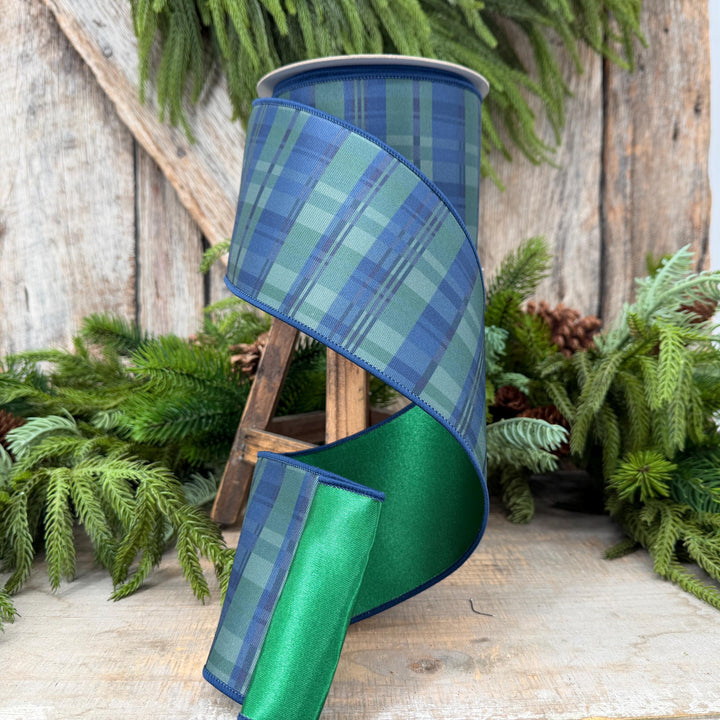 4" Blue Green Christmas Plaid Ribbon, Black Watch Plaid Ribbon, Navy Blue Plaid