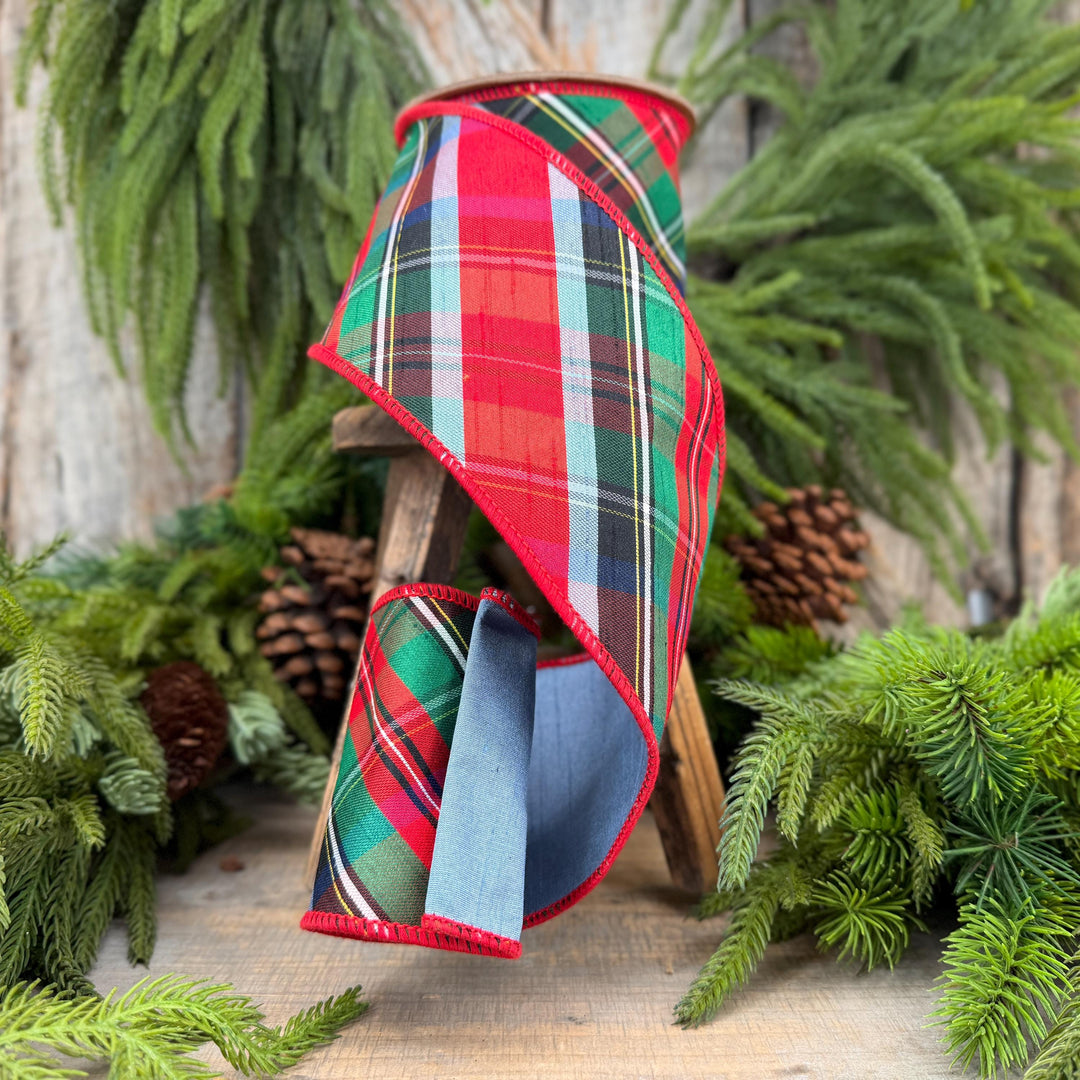 4" Dusty Blue Christmas Plaid Ribbon, Wired Ribbon, Red Blue Chirstmas Plaid RIbbon