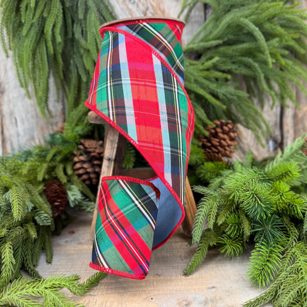 4" Dusty Blue Christmas Plaid Ribbon, Wired Ribbon, Red Blue Chirstmas Plaid RIbbon