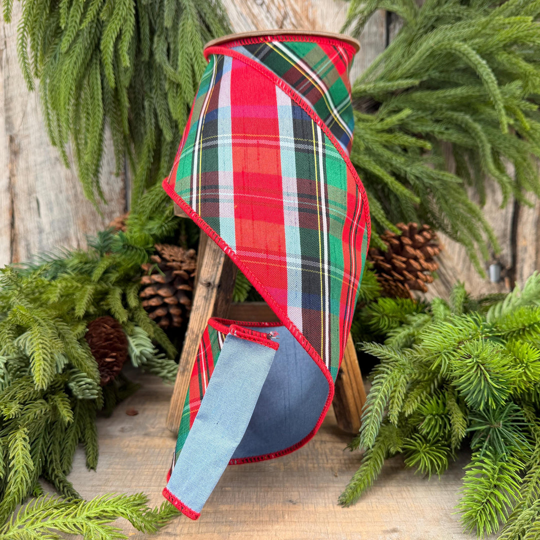 4" Dusty Blue Christmas Plaid Ribbon, Wired Ribbon, Red Blue Chirstmas Plaid RIbbon