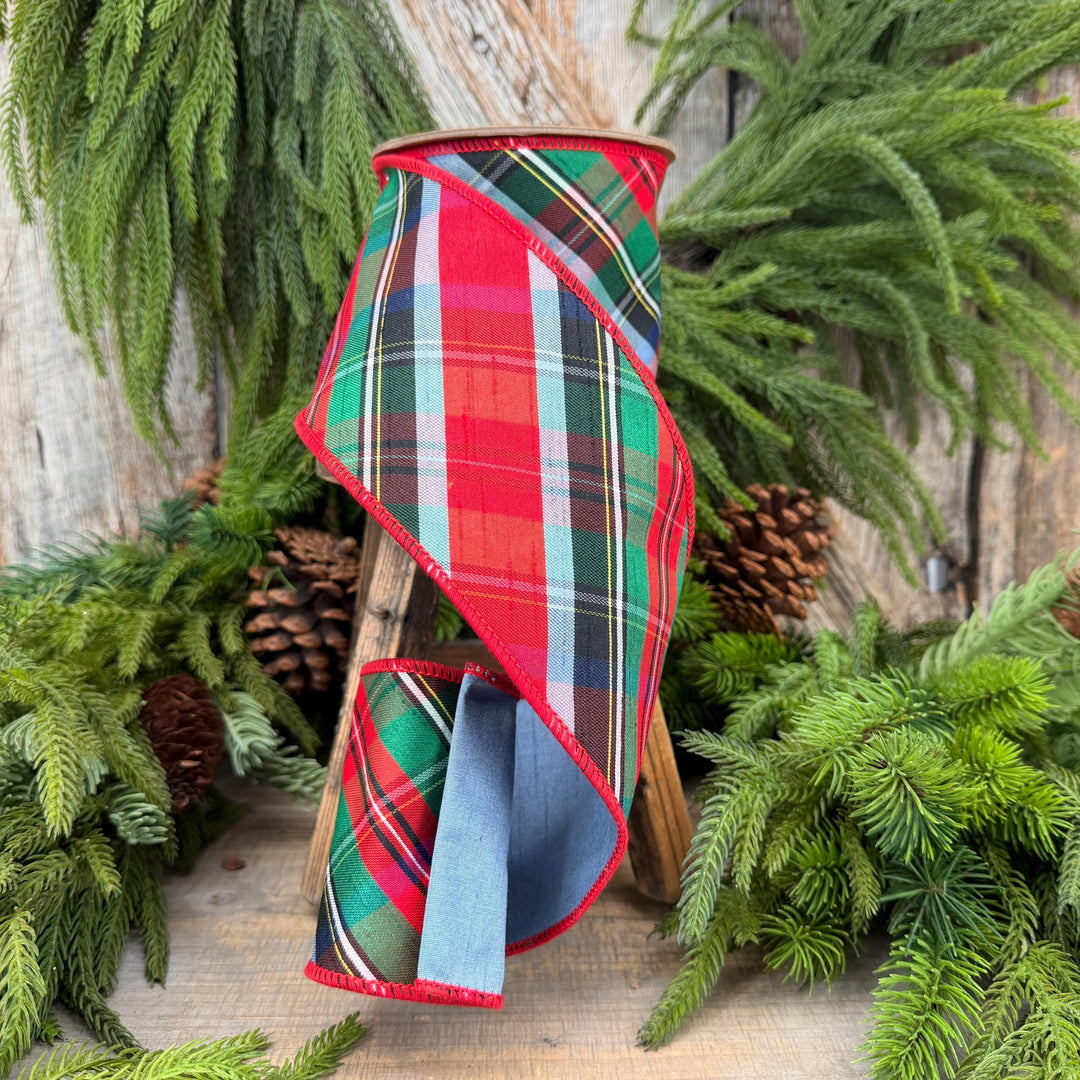 4" Dusty Blue Christmas Plaid Ribbon, Wired Ribbon, Red Blue Chirstmas Plaid RIbbon