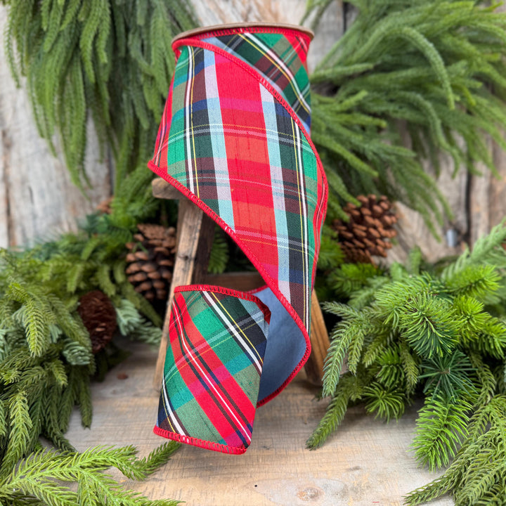 4" Dusty Blue Christmas Plaid Ribbon, Wired Ribbon, Red Blue Chirstmas Plaid RIbbon