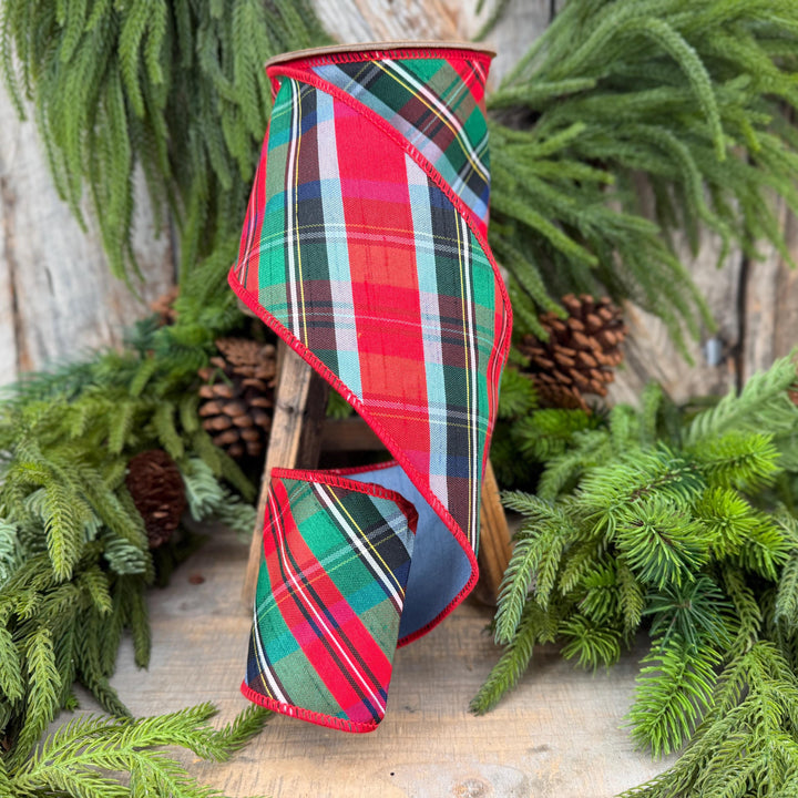 4" Dusty Blue Christmas Plaid Ribbon, Wired Ribbon, Red Blue Chirstmas Plaid RIbbon