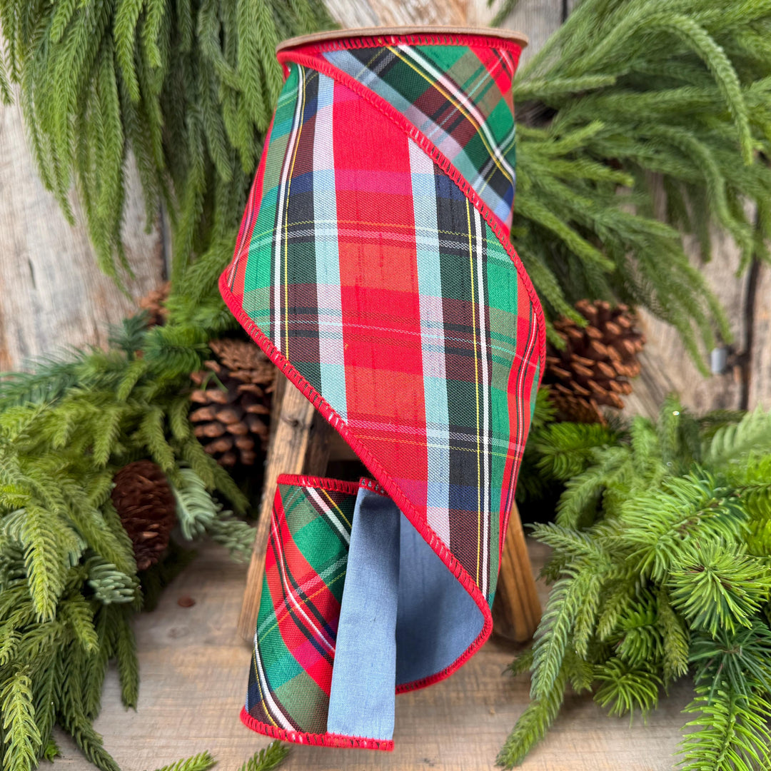 4" Dusty Blue Christmas Plaid Ribbon, Wired Ribbon, Red Blue Chirstmas Plaid RIbbon