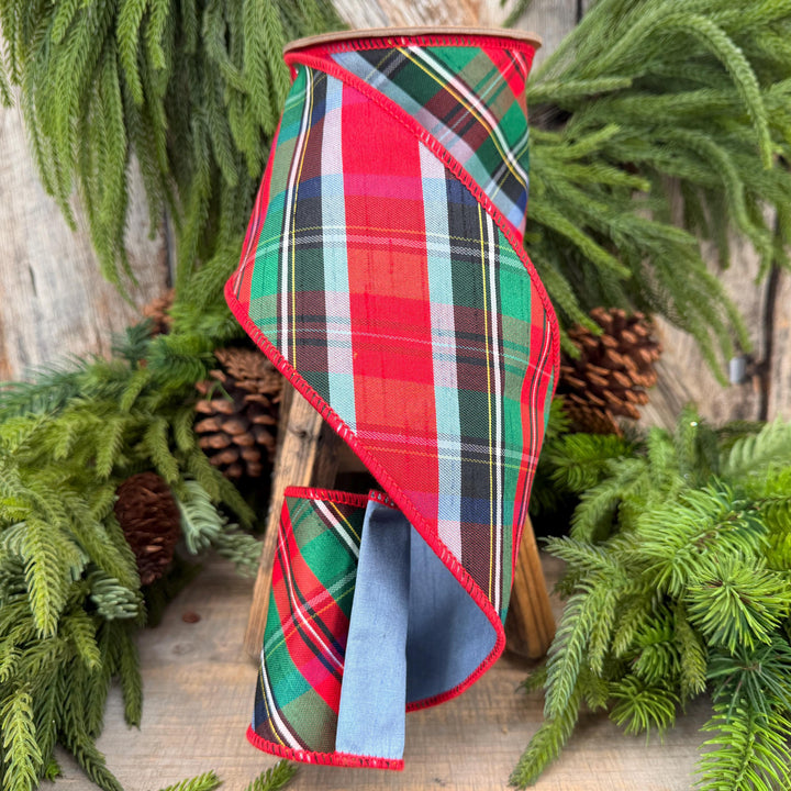 4" Dusty Blue Christmas Plaid Ribbon, Wired Ribbon, Red Blue Chirstmas Plaid RIbbon