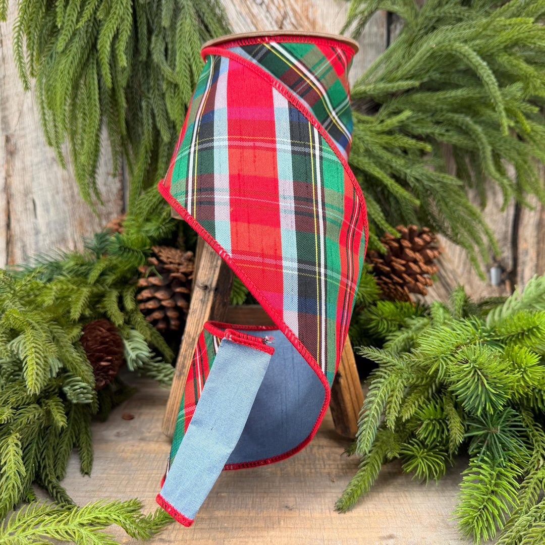 4" Dusty Blue Christmas Plaid Ribbon, Wired Ribbon, Red Blue Chirstmas Plaid RIbbon