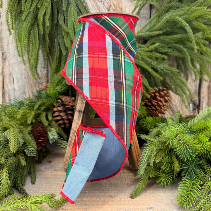 4" Dusty Blue Christmas Plaid Ribbon, Wired Ribbon, Red Blue Chirstmas Plaid RIbbon