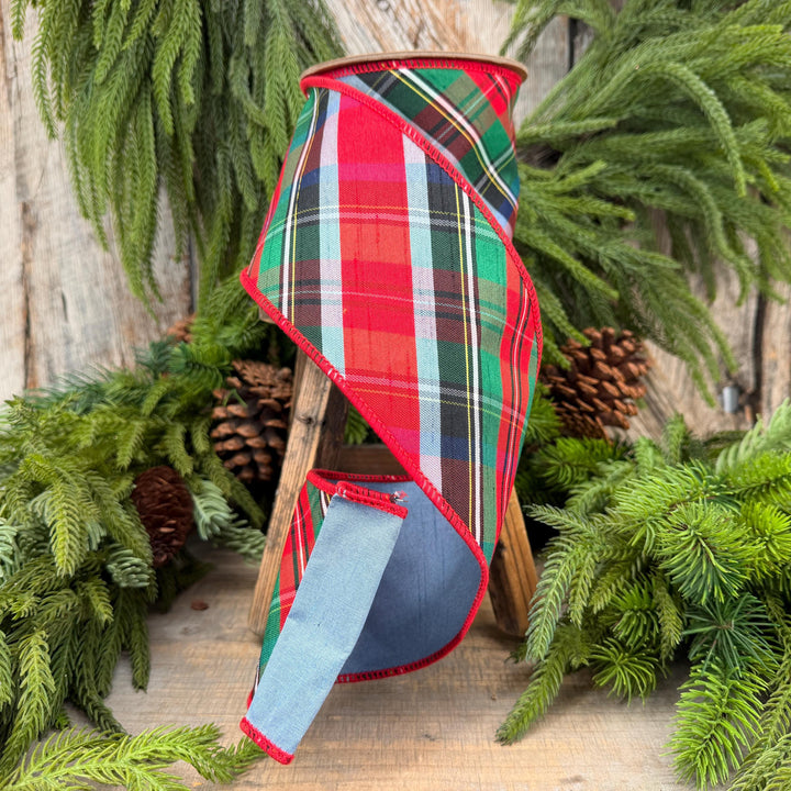 4" Dusty Blue Christmas Plaid Ribbon, Wired Ribbon, Red Blue Chirstmas Plaid RIbbon