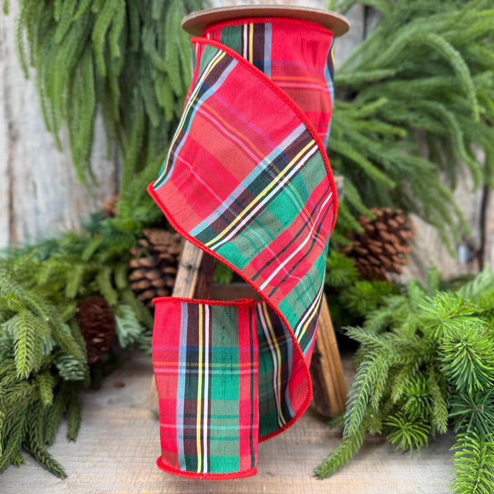 4" Dusty Blue Christmas Plaid Ribbon, Wired Ribbon, Red Blue Chirstmas Plaid RIbbon