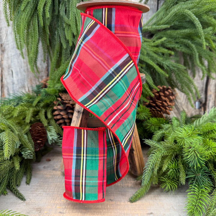 4" Dusty Blue Christmas Plaid Ribbon, Wired Ribbon, Red Blue Chirstmas Plaid RIbbon