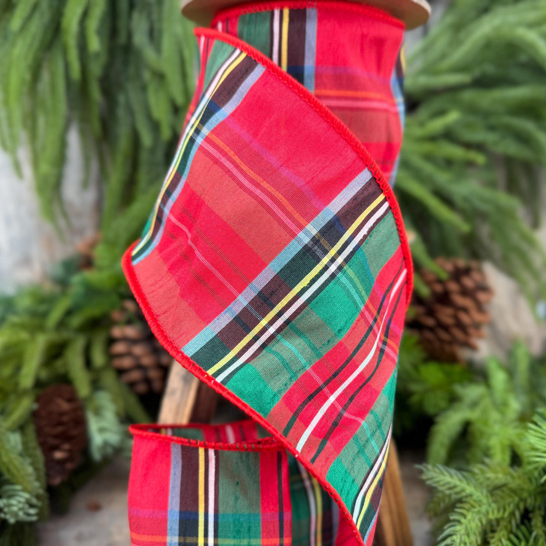 4" Dusty Blue Christmas Plaid Ribbon, Wired Ribbon, Red Blue Chirstmas Plaid RIbbon