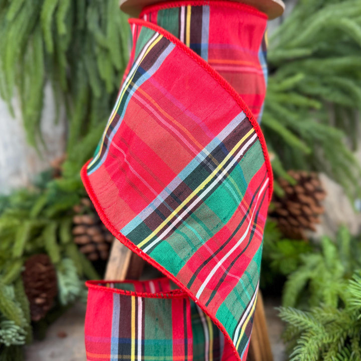 4" Dusty Blue Christmas Plaid Ribbon, Wired Ribbon, Red Blue Chirstmas Plaid RIbbon