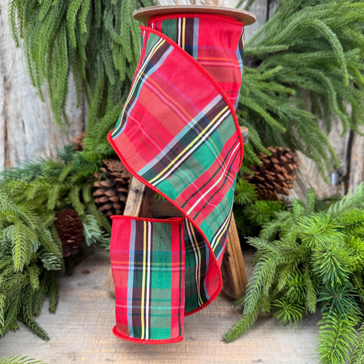 4" Dusty Blue Christmas Plaid Ribbon, Wired Ribbon, Red Blue Chirstmas Plaid RIbbon