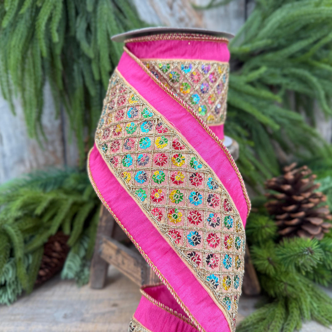 4" Pink Dupion Multi Sequin Diamond Trim Wired Ribbon, 5 Yard Roll