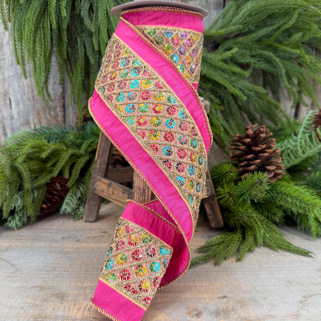4" Pink Dupion Multi Sequin Diamond Trim Wired Ribbon, 5 Yard Roll