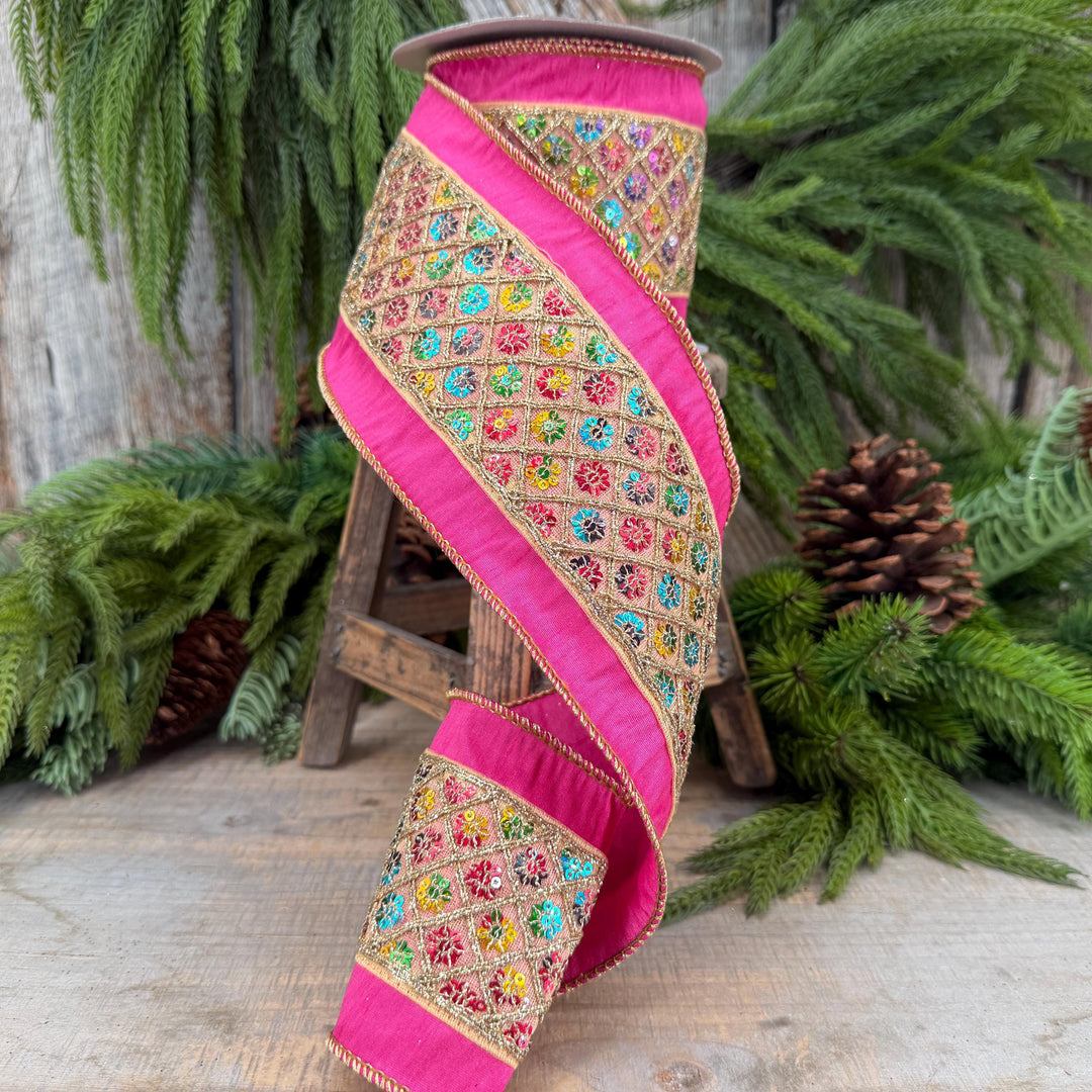 4" Pink Dupion Multi Sequin Diamond Trim Wired Ribbon, 5 Yard Roll