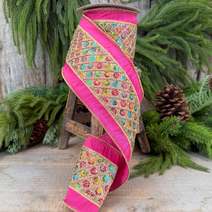 4" Pink Dupion Multi Sequin Diamond Trim Wired Ribbon, 5 Yard Roll