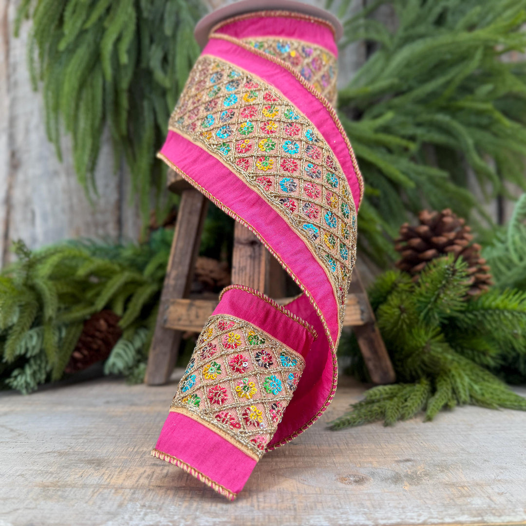 4" Pink Dupion Multi Sequin Diamond Trim Wired Ribbon, 5 Yard Roll