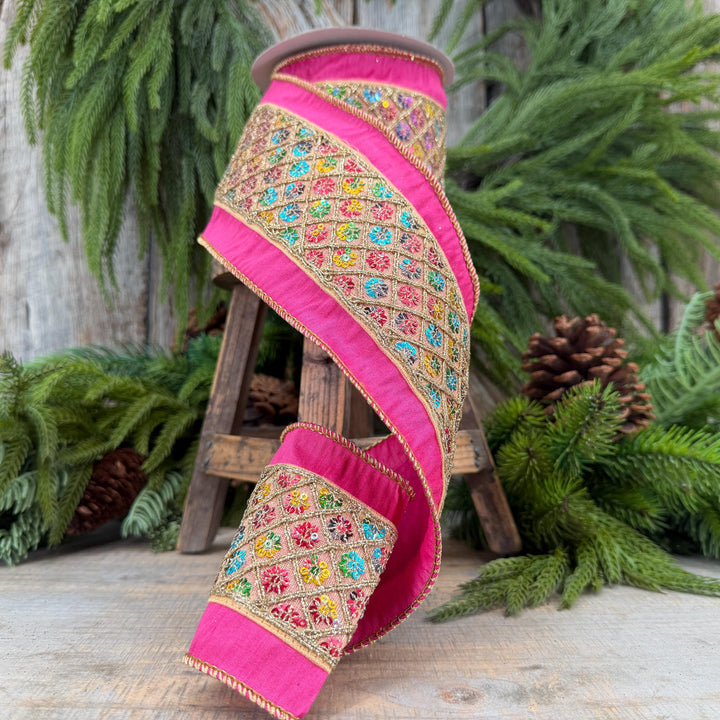 4" Pink Dupion Multi Sequin Diamond Trim Wired Ribbon, 5 Yard Roll