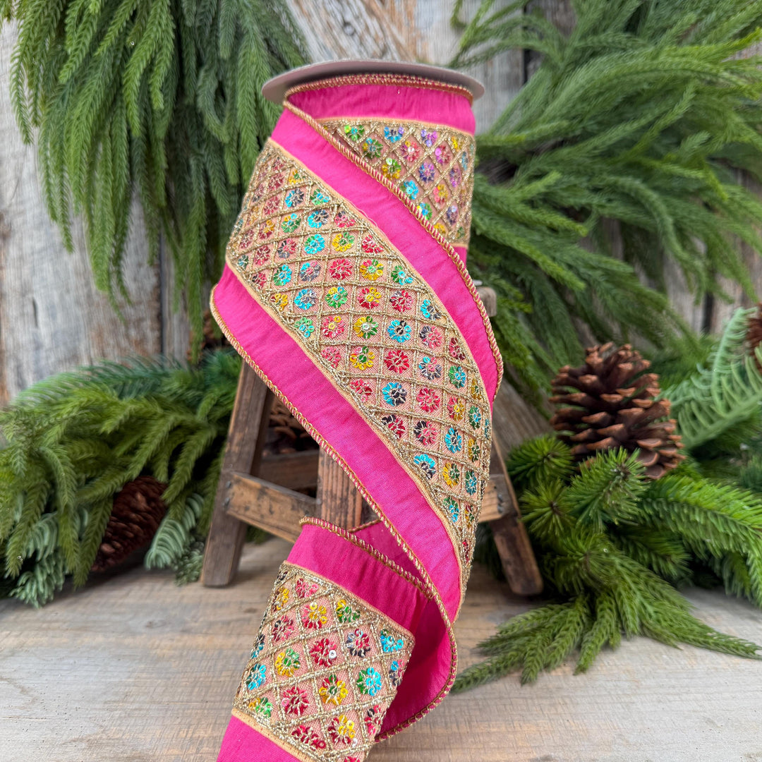 4" Pink Dupion Multi Sequin Diamond Trim Wired Ribbon, 5 Yard Roll