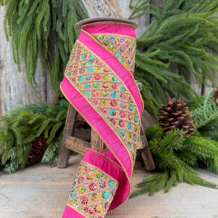4" Pink Dupion Multi Sequin Diamond Trim Wired Ribbon, 5 Yard Roll