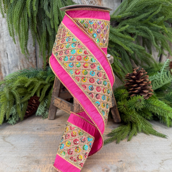 4" Pink Dupion Multi Sequin Diamond Trim Wired Ribbon, 5 Yard Roll