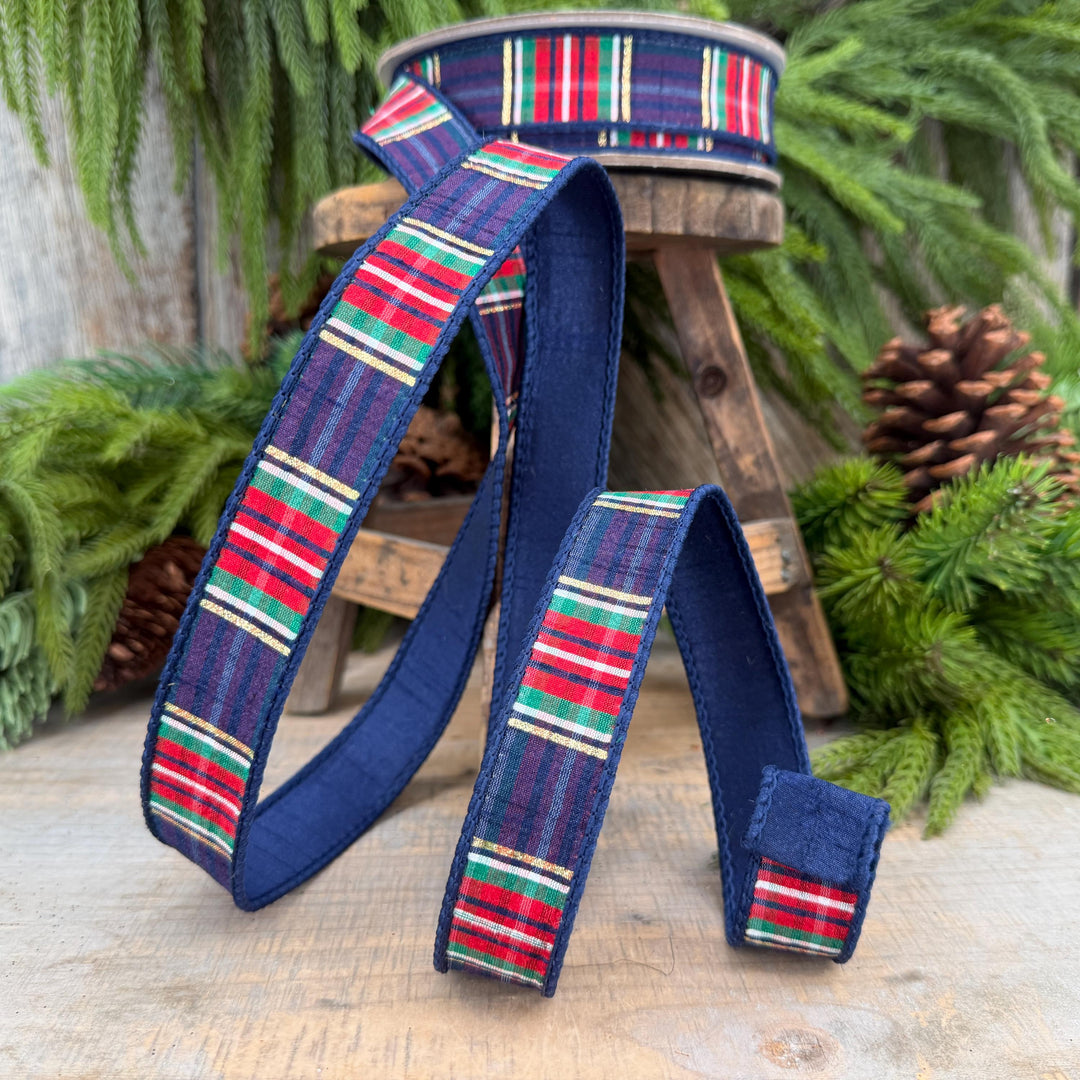 1" Navy Blue Christmas Plaid Ribbon, Farrisilk Plaid Ribbon