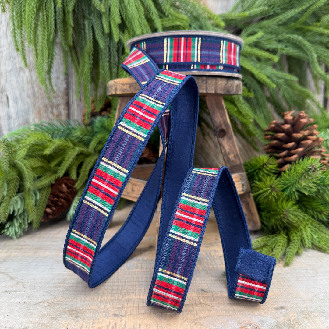 1" Navy Blue Christmas Plaid Ribbon, Farrisilk Plaid Ribbon