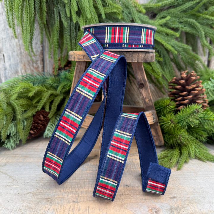 1" Navy Blue Christmas Plaid Ribbon, Farrisilk Plaid Ribbon