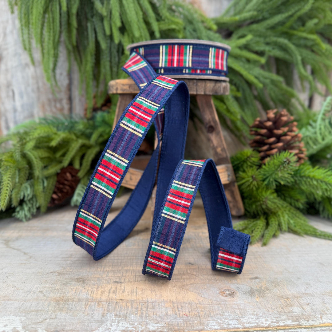 1" Navy Blue Christmas Plaid Ribbon, Farrisilk Plaid Ribbon