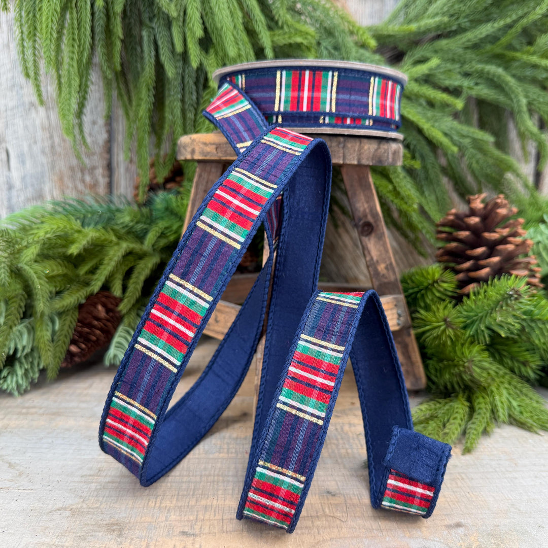1" Navy Blue Christmas Plaid Ribbon, Farrisilk Plaid Ribbon