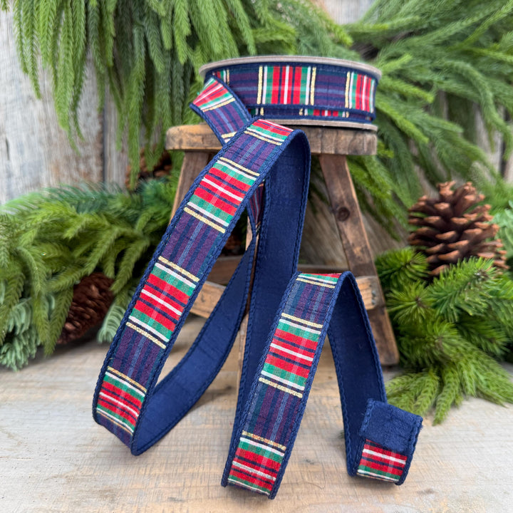 1" Navy Blue Christmas Plaid Ribbon, Farrisilk Plaid Ribbon