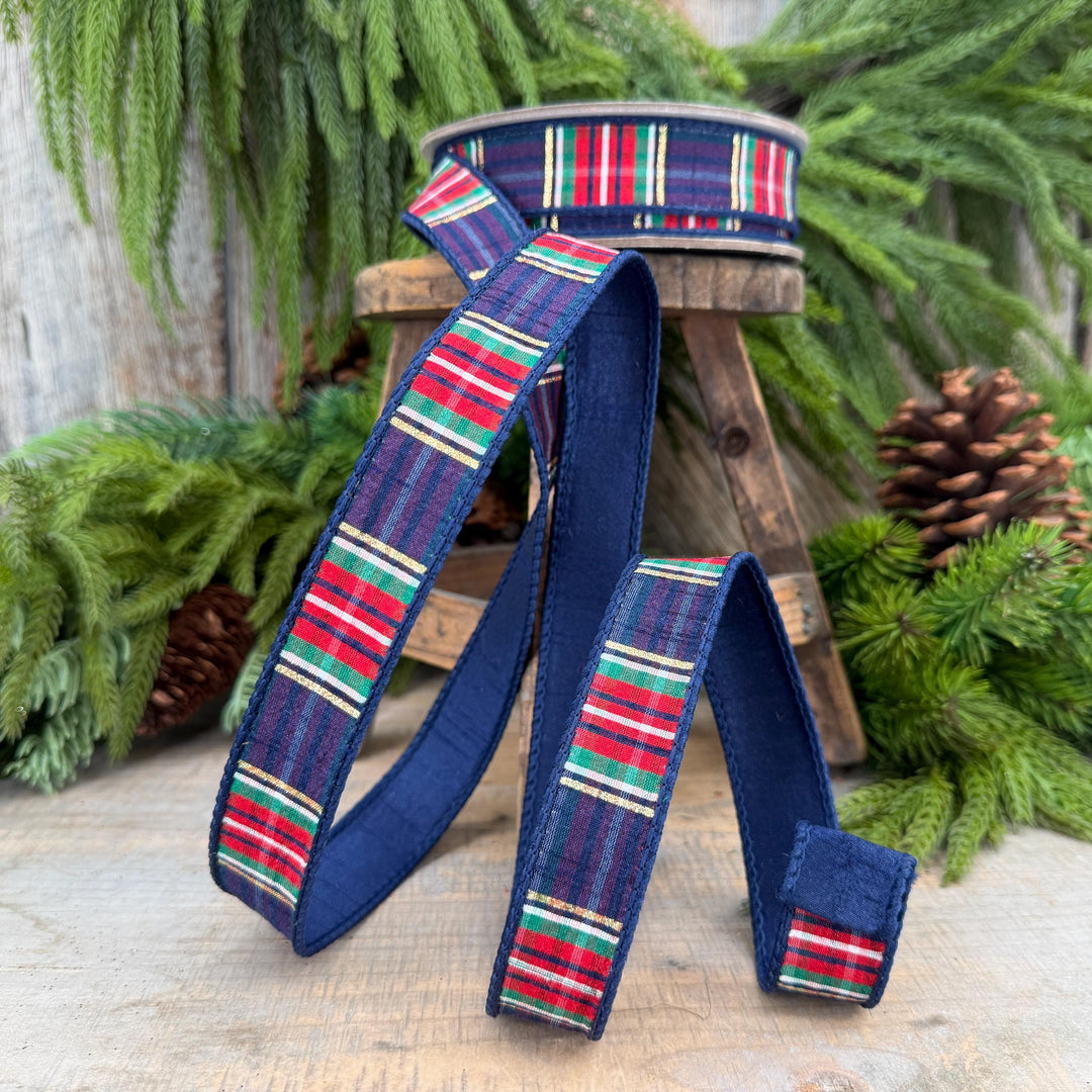 1" Navy Blue Christmas Plaid Ribbon, Farrisilk Plaid Ribbon
