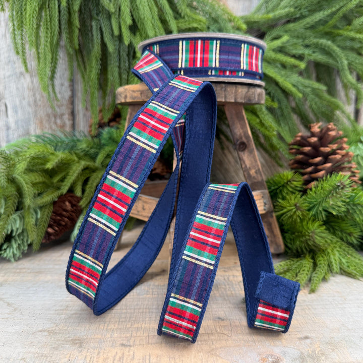 1" Navy Blue Christmas Plaid Ribbon, Farrisilk Plaid Ribbon