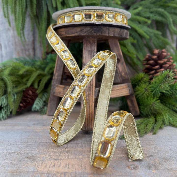 1" Gold Gemstones Ribbon, Gold Emerald Cut Ribbon by Farrisilk