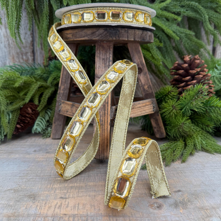 1" Gold Gemstones Ribbon, Gold Emerald Cut Ribbon by Farrisilk