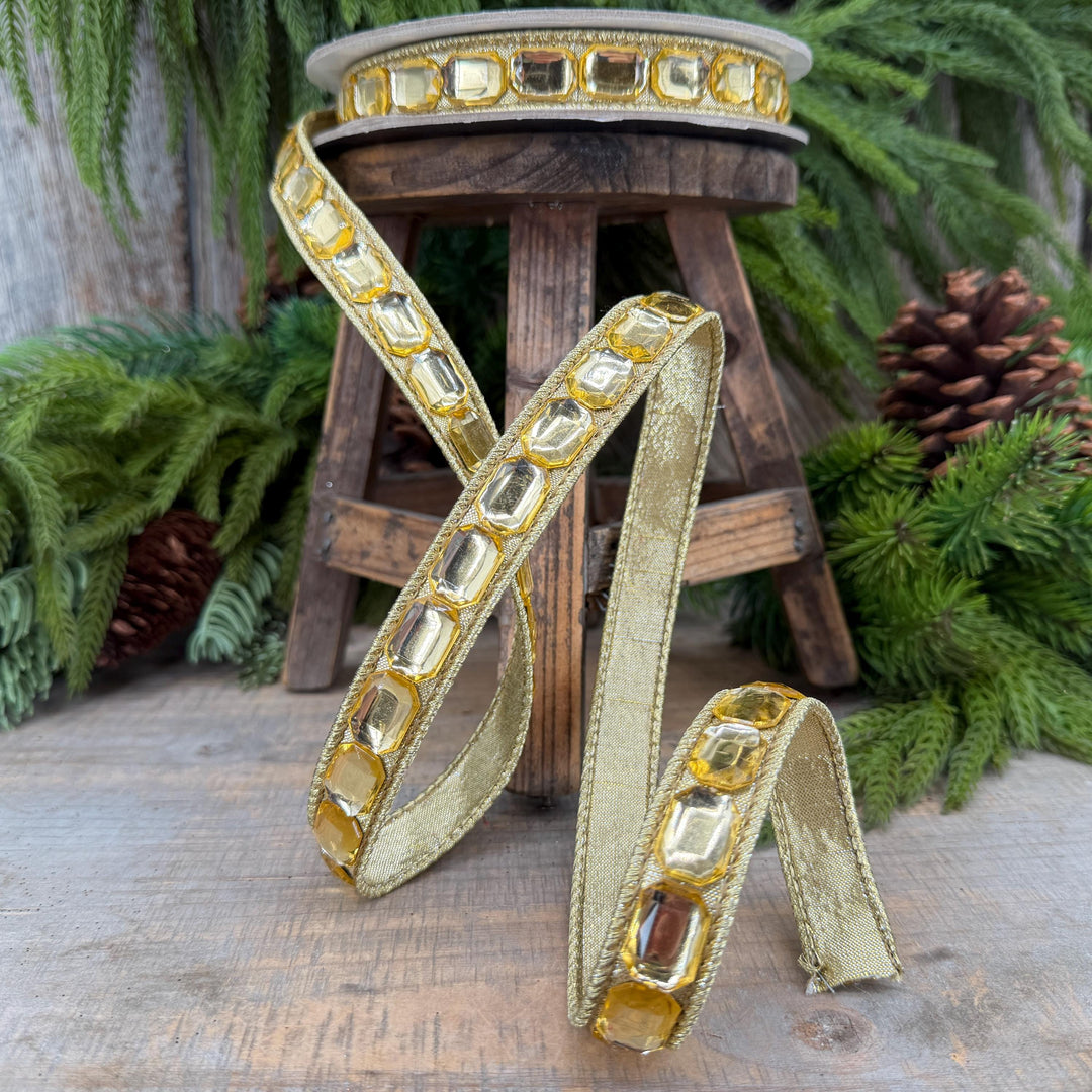 1" Gold Gemstones Ribbon, Gold Emerald Cut Ribbon by Farrisilk
