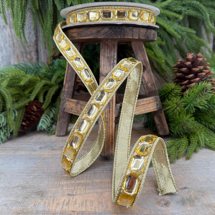 1" Gold Gemstones Ribbon, Gold Emerald Cut Ribbon by Farrisilk