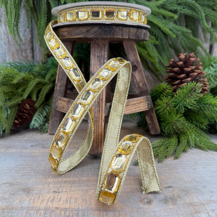 1" Gold Gemstones Ribbon, Gold Emerald Cut Ribbon by Farrisilk