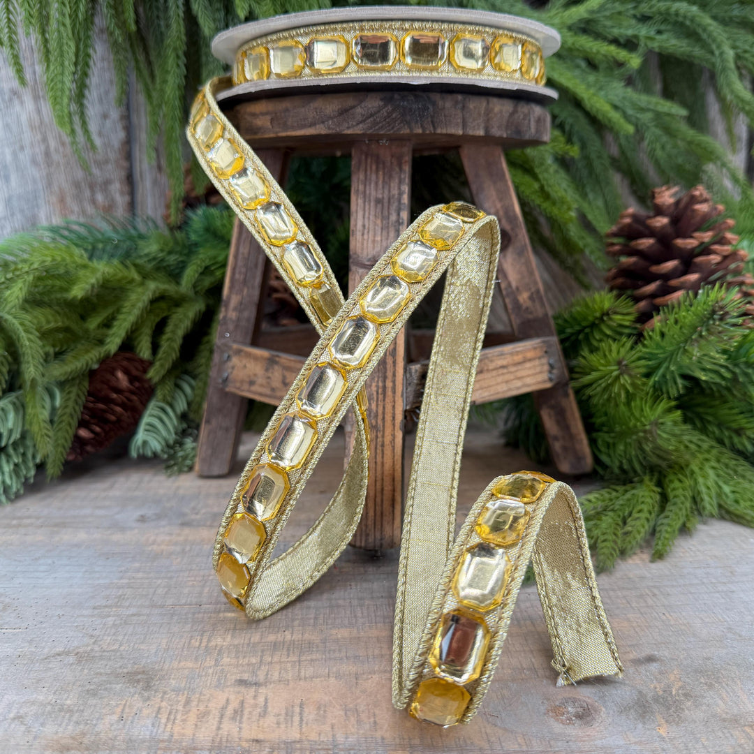 1" Gold Gemstones Ribbon, Gold Emerald Cut Ribbon by Farrisilk